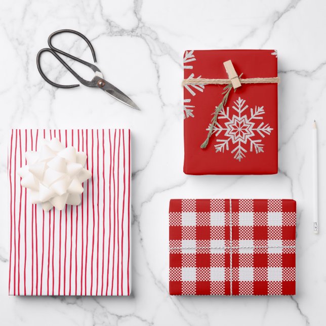 Red White Lines Silver Snowflake Red White Plaid Wrapping Paper Sheets (Front)