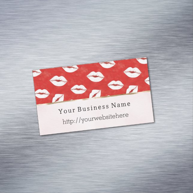 Red White Lips Kiss Business name website Card Magnet (In Situ)