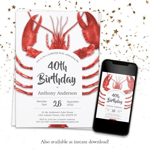 Red White Lobster Boil Custom Birthday Party Invitation