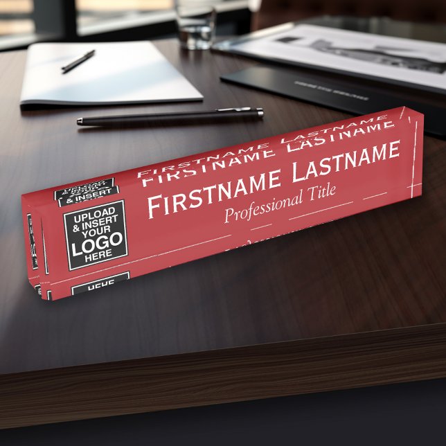 Red White - Logo, Name and Professional Title Plate (Personalized Name Plate - Custom Logo Executive Desk Plate with Name and Professional Title)