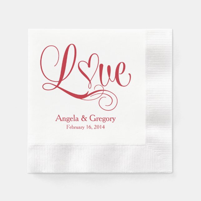 Red White Love Heart Personalized Wedding Napkins (Front)