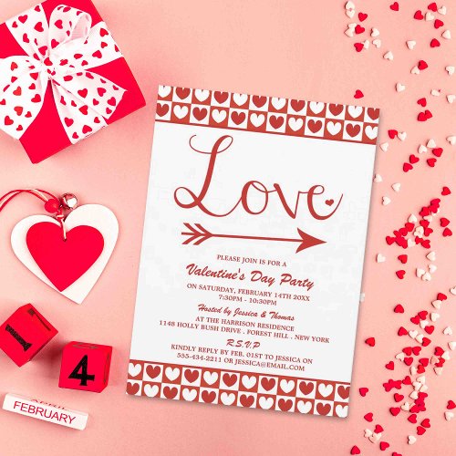 Red  White Love Hearts Valentines Day Party Invitation