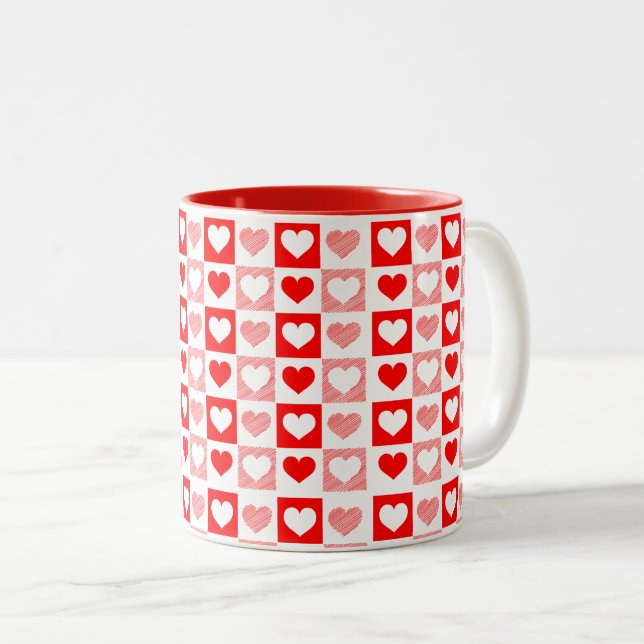 Red White Love hearts Valentine's Day Two-Tone Coffee Mug (Front Right)