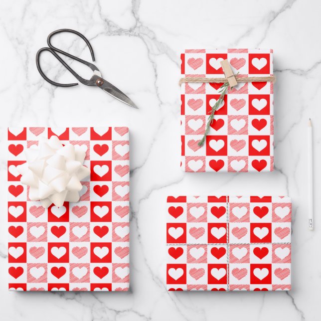 Red White Love hearts Valentine's Day Wrapping Paper Sheets (Front)