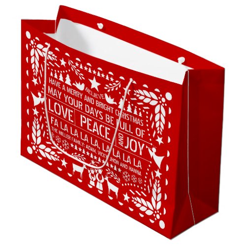 Red white Love Peace Joy papel picado Christmas Large Gift Bag