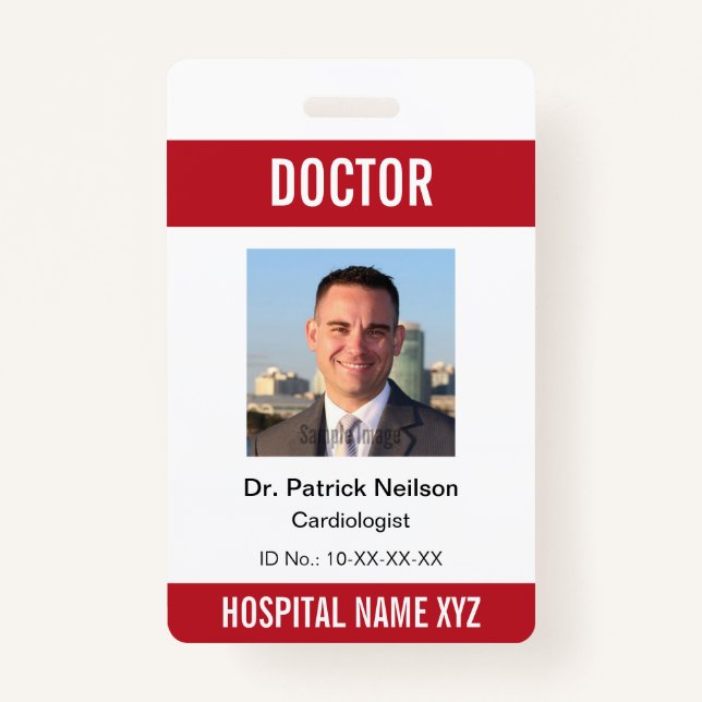 Red White Medical Hospital Clinic Photo ID Badge (Front)