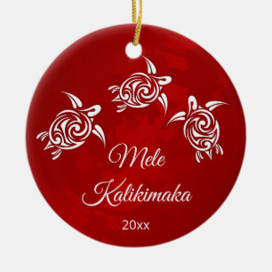 Red White Mele Kalikimaka Christmas Ceramic Ornament