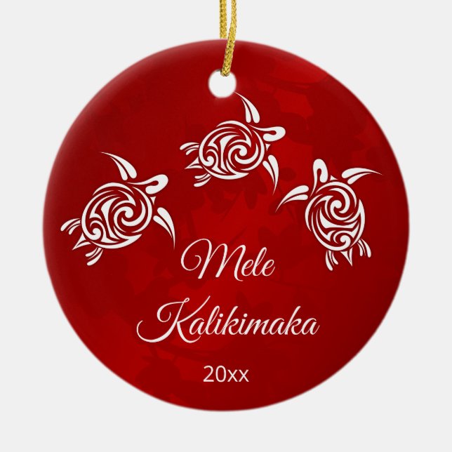 Red White Mele Kalikimaka Christmas Ceramic Ornament (Front)