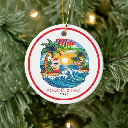 Red White Mele Kalikimaka Santa Surf Hawaiian Ceramic Ornament