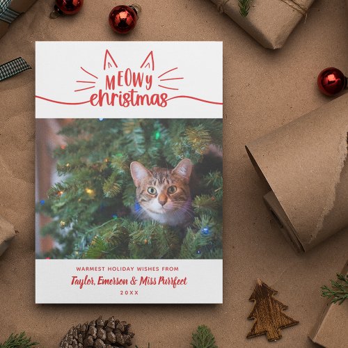 Red White Meowy Christmas _ Cat Christmas Photo Holiday Card