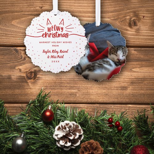 Red White Meowy Christmas Cat Photo Christmas Ornament Card
