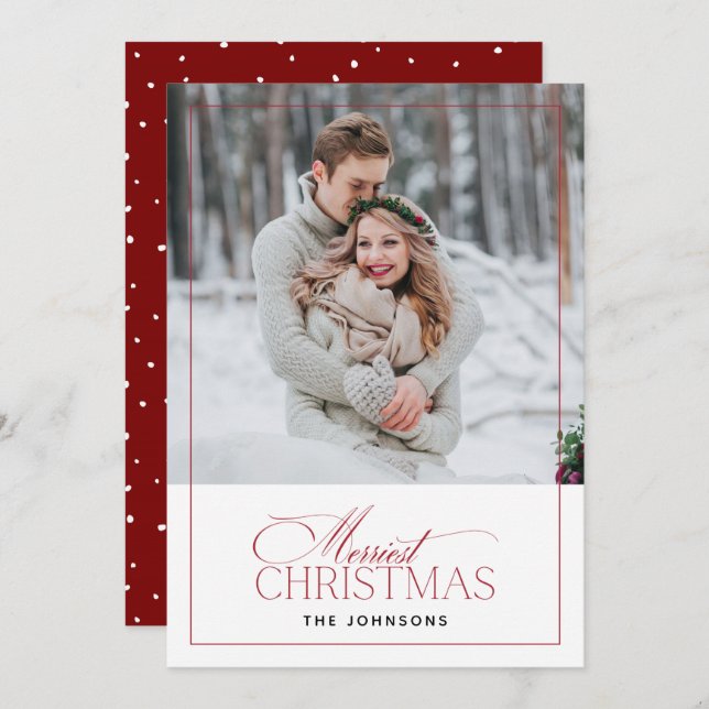 Red & White Merriest Christmas Script Quote Photo (Front/Back)