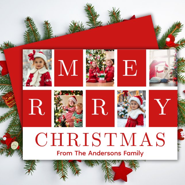 Red & White Merry Christmas 5 Photo Collage Holiday Card (Red & White Merry Christmas 5 Photo Collage Holiday Card)