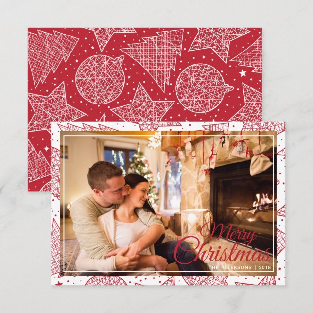 Red & White Merry Christmas Family Photo Holiday Invitation (Front/Back)