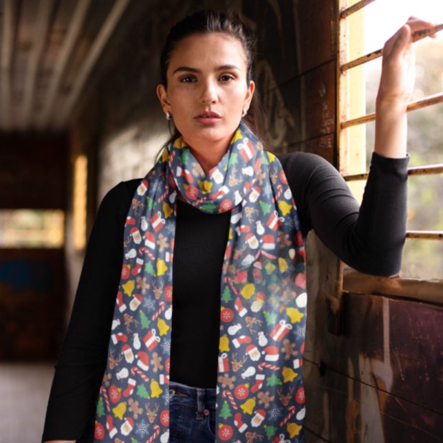 Red White Merry Christmas Pattern Winter Scarf (Christmas Icons Pattern winter Scarf)