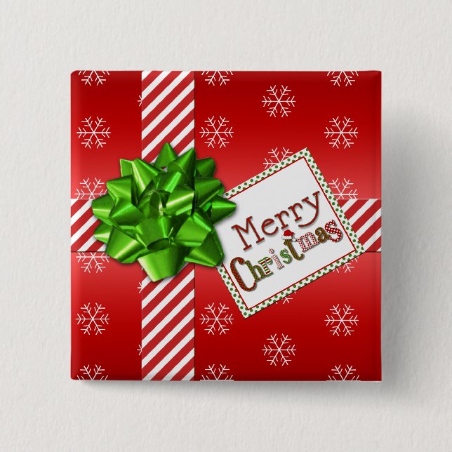 Red, White Merry Christmas Snowflakes Button (Front)