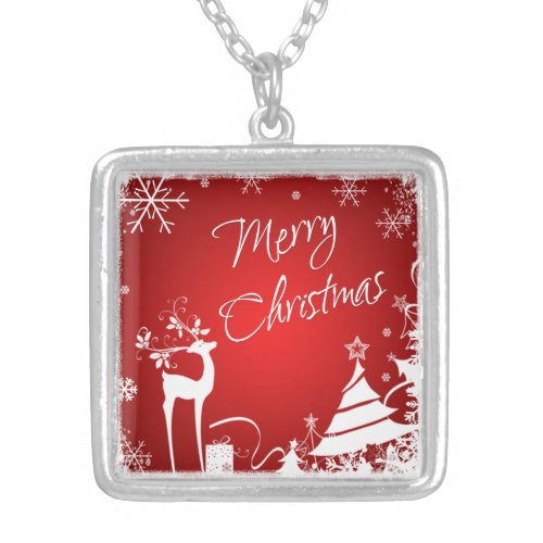 Red White Merry Christmas Snowflakes Necklace