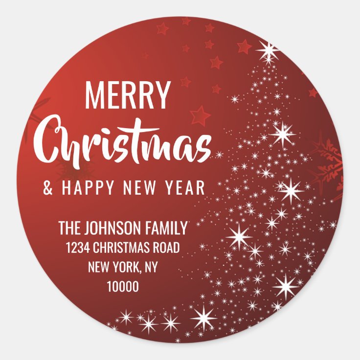 RED White MERRY CHRISTMAS Tree Return Address Classic Round Sticker