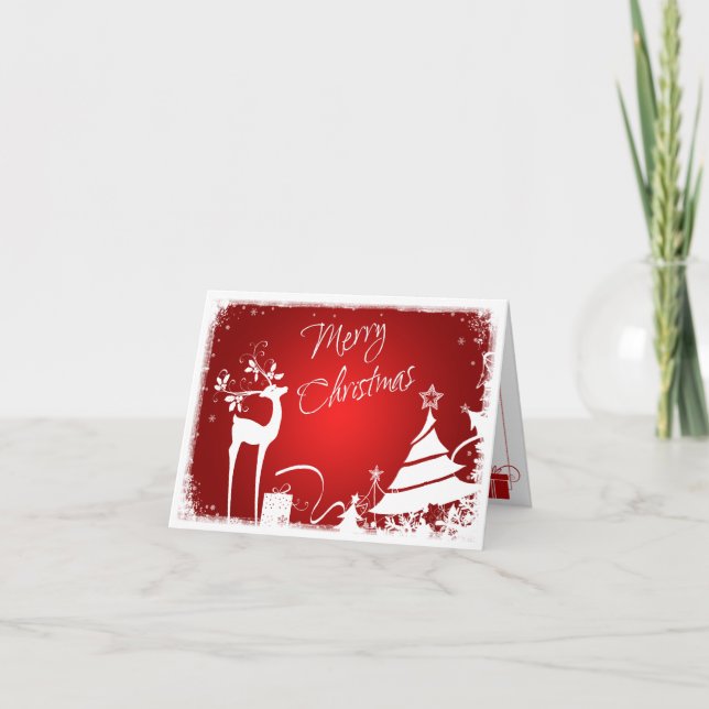 Red, White Merry Christmas Trees & Deer Photo Card (Front)
