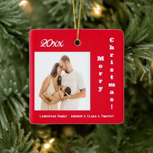 Red  White Merry Christmas Two Family Photos Ceramic Ornament