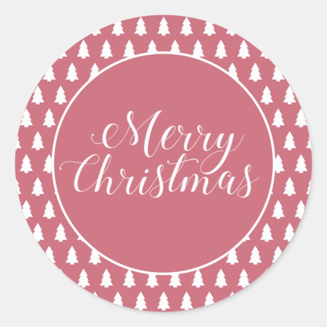 Red White Merry Christmas White Xmas Tree Pattern Classic Round Sticker (Front)