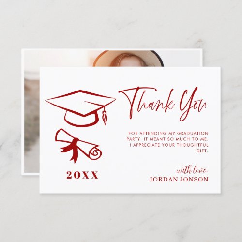 Red White Minimalist Modern Graduation Photo Thank You Card