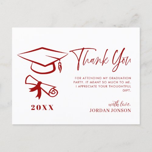 Red White Minimalist Modern Graduation Thank You Postcard