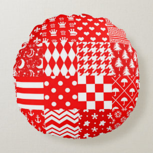 Red White Mixed Patterns Patchwork Design Round Pillow