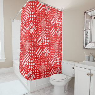 Red White Mixed Patterns Patchwork Design Shower Curtain