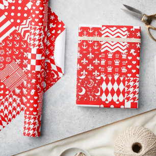 Red White Mixed Patterns Patchwork Design Wrapping Paper