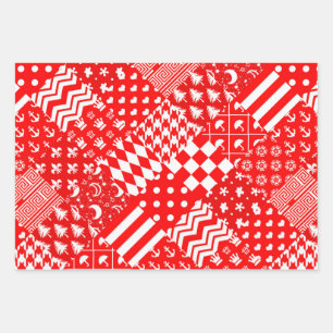 Red White Mixed Patterns Patchwork Design Wrapping Paper Sheets