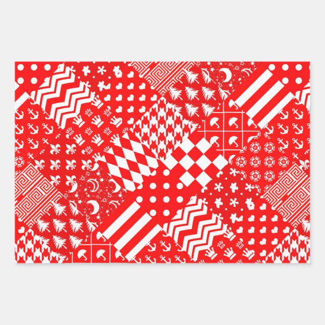 Red White Mixed Patterns Patchwork Design  Wrapping Paper Sheets (Front)