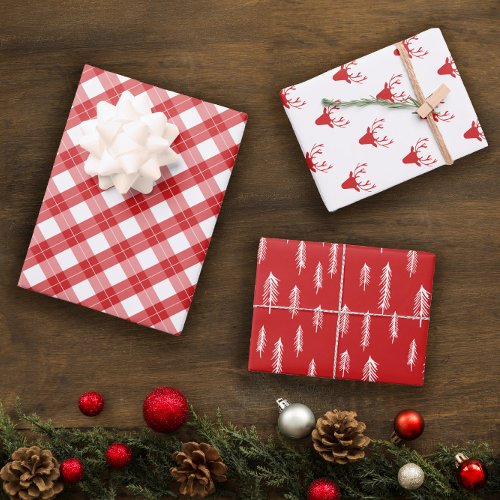 Red White Mixed Rustic Patterns Deer Woods Plaid Wrapping Paper Sheets