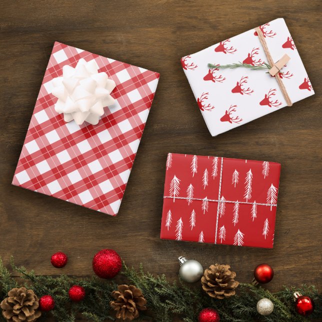 Red White Mixed Rustic Patterns Deer Woods Plaid Wrapping Paper Sheets (Creator Uploaded)