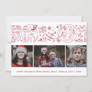 Red White Modern Christmas Winter Icons Photo Holiday Card