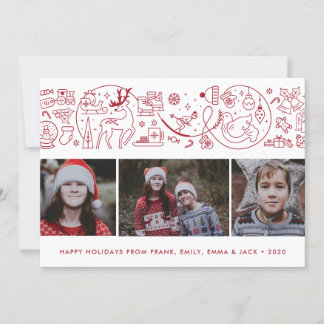 Red White Modern Christmas Winter Icons Photo Holiday Card