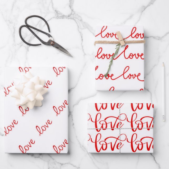 Red White Modern Love Typography Wrapping Paper Sheets (Front)