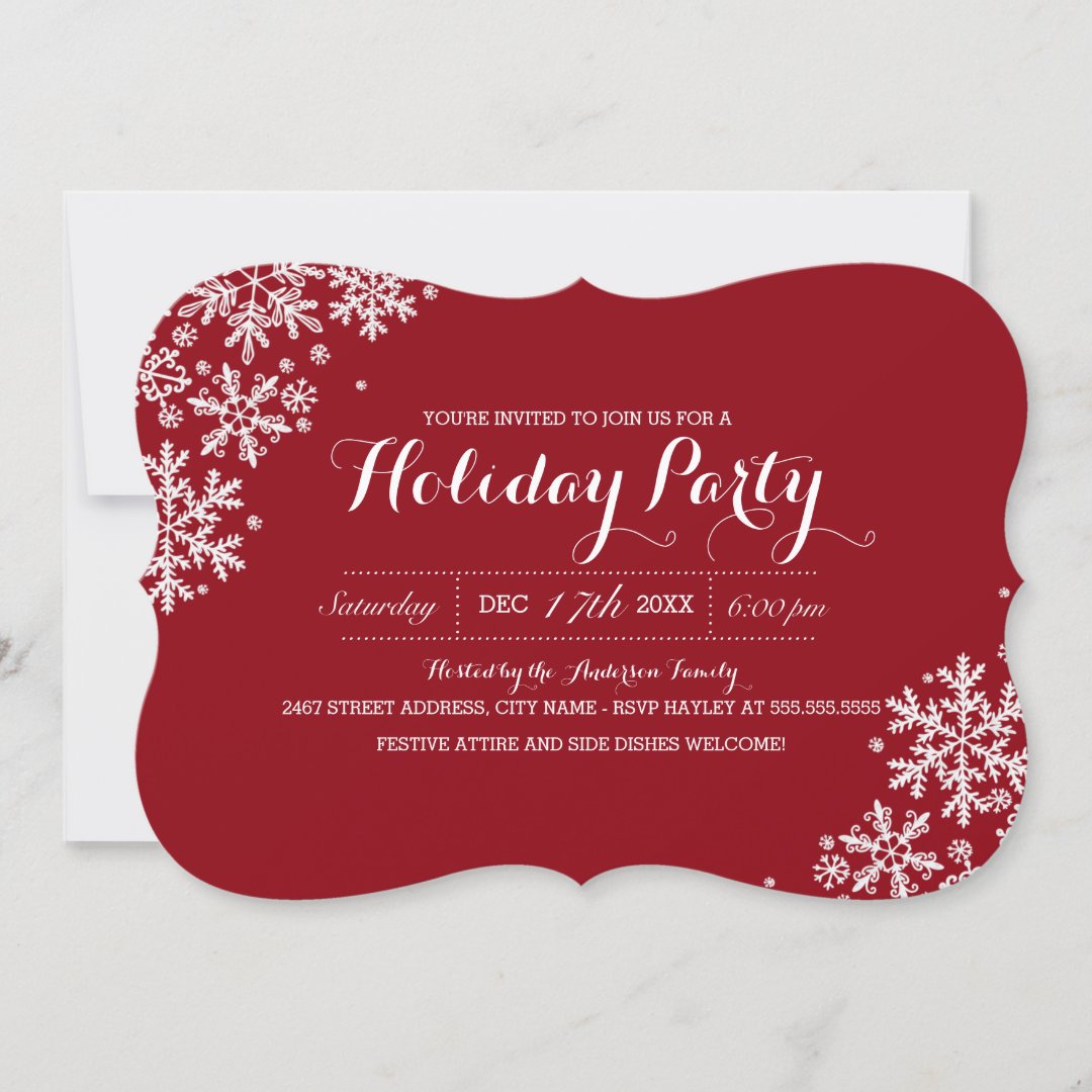 Red & White Modern Snowflake Holiday Party Invite | Zazzle