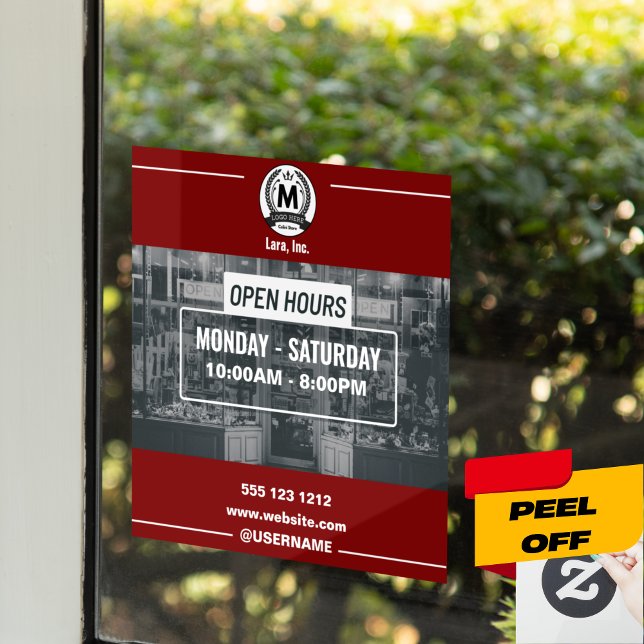 Red White Monochrome Simple Open Hours Store  Window Cling (Minimalist Red & White Open Hours Window Clings & Frames)