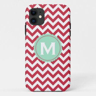 Red White Monogram Chevron Pattern iPhone 11 Case
