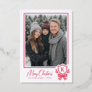 Red White Monogram Crest Bow Christmas Letterpress Photo Cards