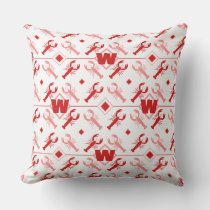Red White Monogram &amp; Cute Lobster Season Nautical Outdoor Pillow