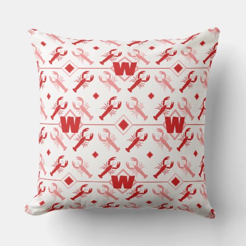 Red White Monogram  Cute Lobster Season Nautical Outdoor Pillow