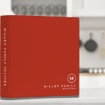 Red White Monogram Initial Family Recipe<br><div class="desc">Modern recipe binder features a minimal design in a stylish red and white color palette. Custom family name presented in the lower right hand corner in stylish simple font with a complimentary minimal monogram medallion. Shown with a custom name and monogram initial on the front in modern typography, this personalized...</div>