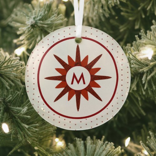  Red  White Monogram Initial Starburst Glass Ornament