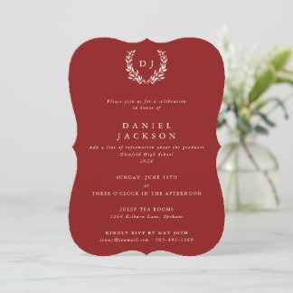Red + White Monogram Laurel Wreath Graduation Invitation