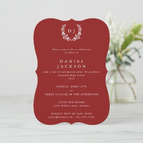 Red  White Monogram Laurel Wreath Graduation Invitation