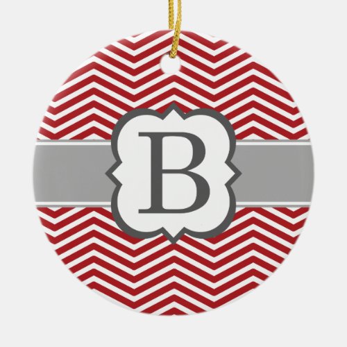 Red White Monogram Letter B Chevron Ceramic Ornament