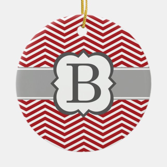 Red White Monogram Letter B Chevron Ceramic Ornament (Front)