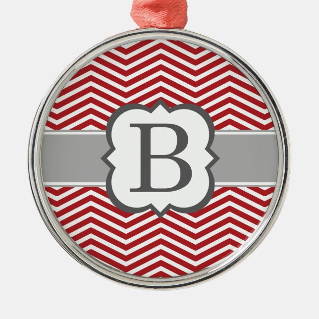 Red White Monogram Letter B Chevron Metal Ornament (Front)